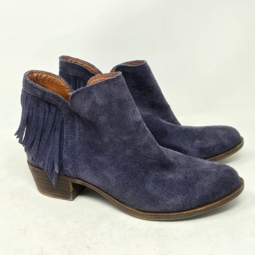 Lucky Brand Womens Navy Blue Suede Fringe Ankle Boots Low Block Heel Size 5.5